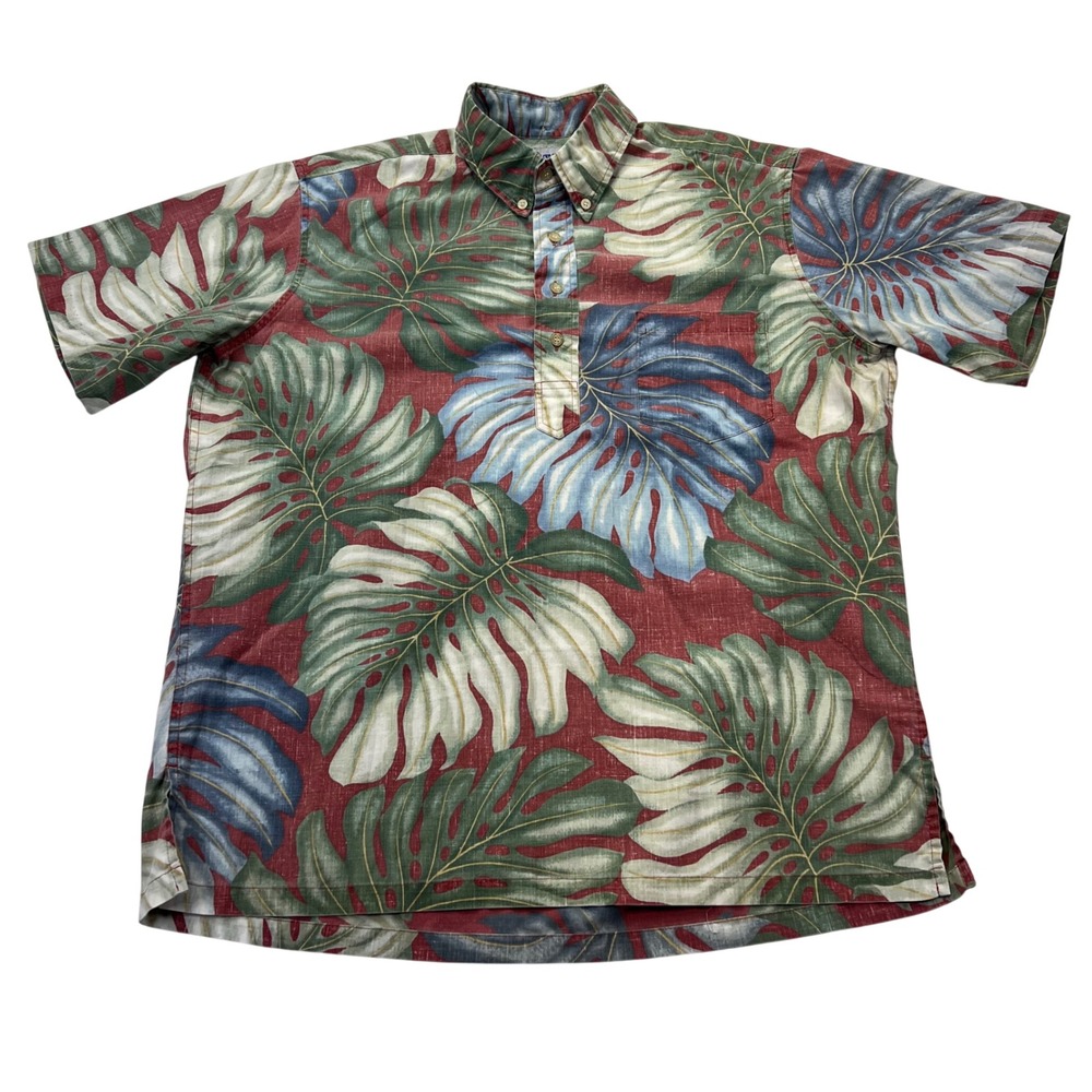 Reyn Spooner Hawaiian Shirt L Red Green VTG Monstera Leaf‎ Popover Short Sleeve